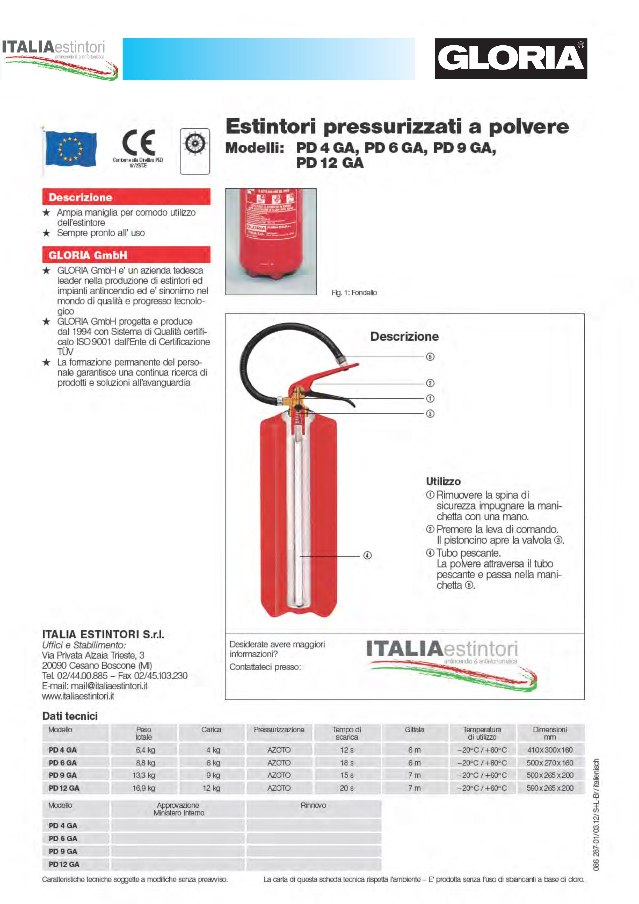 Estintore GLORIA di tipo a polvere da kg. 12